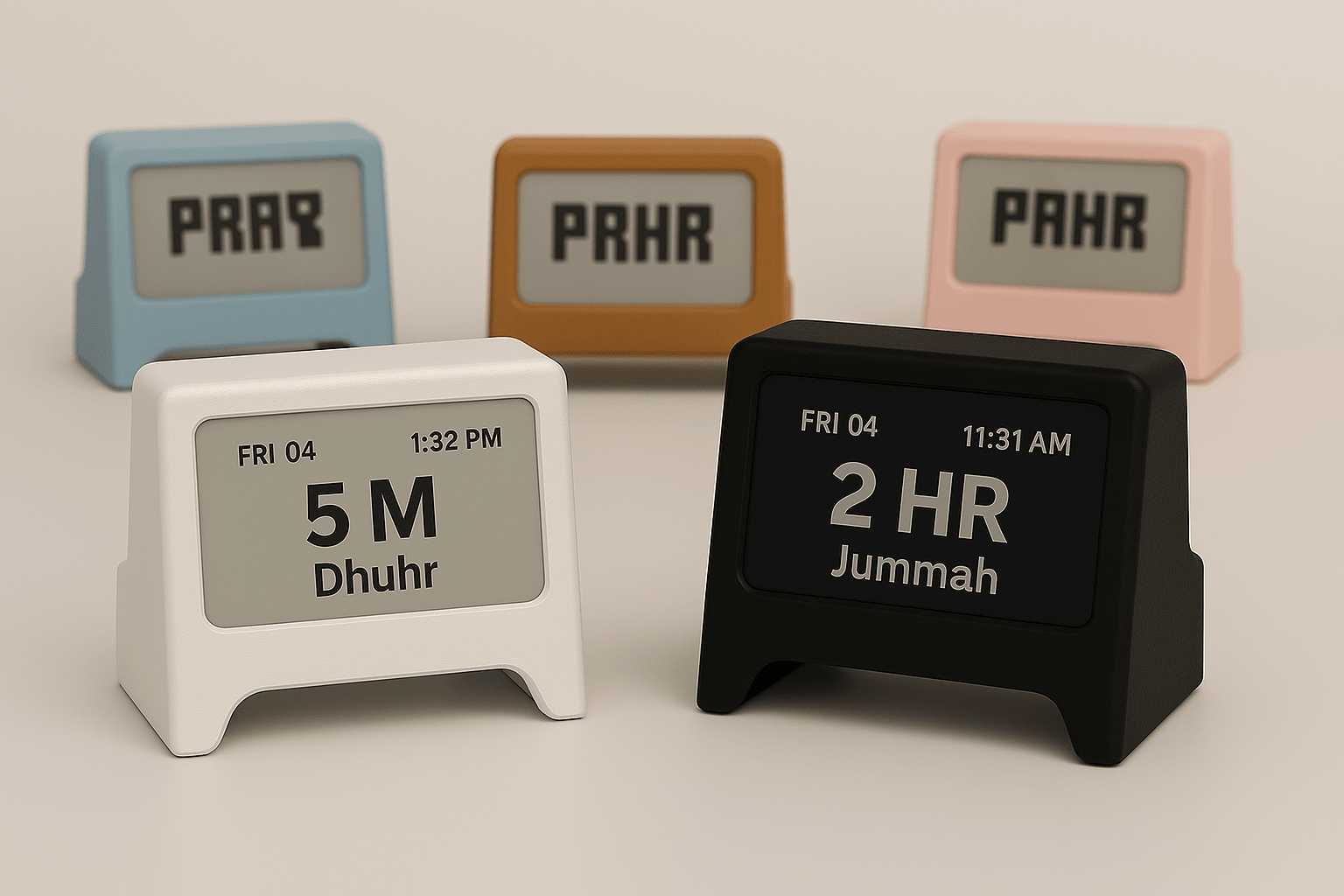 Prayr smart prayer clocks available in multiple colors including Rock White, Classic Blue, and Soft Pink